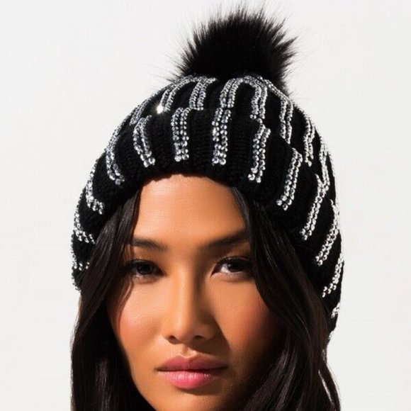 Adrienne Landau Black Bling Pom Beanie - Picture 2 of 6